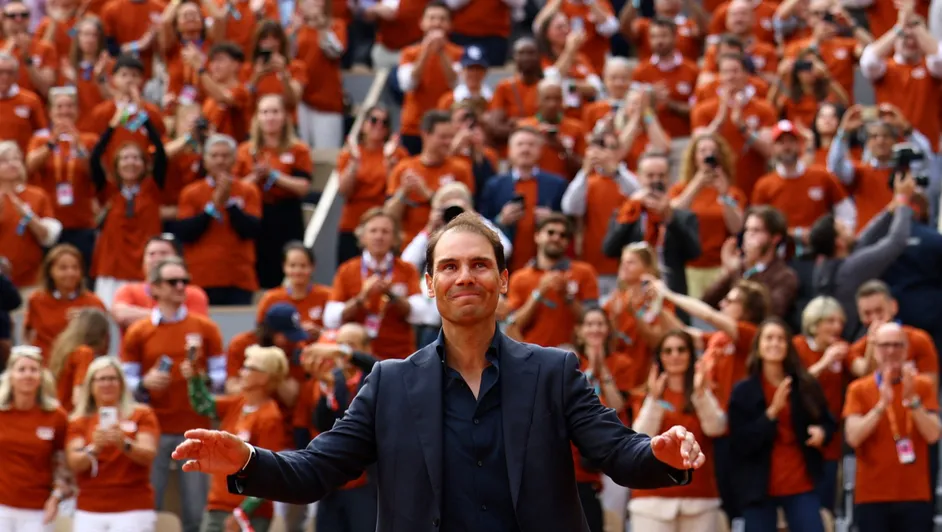 Rafa Nadal is moved to tears by his tribute at Roland Garros.